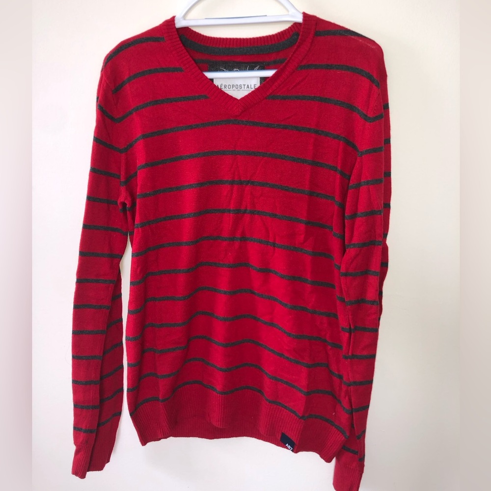 Aeropostale Men’s Small Red and Grey V-Neck Sweater